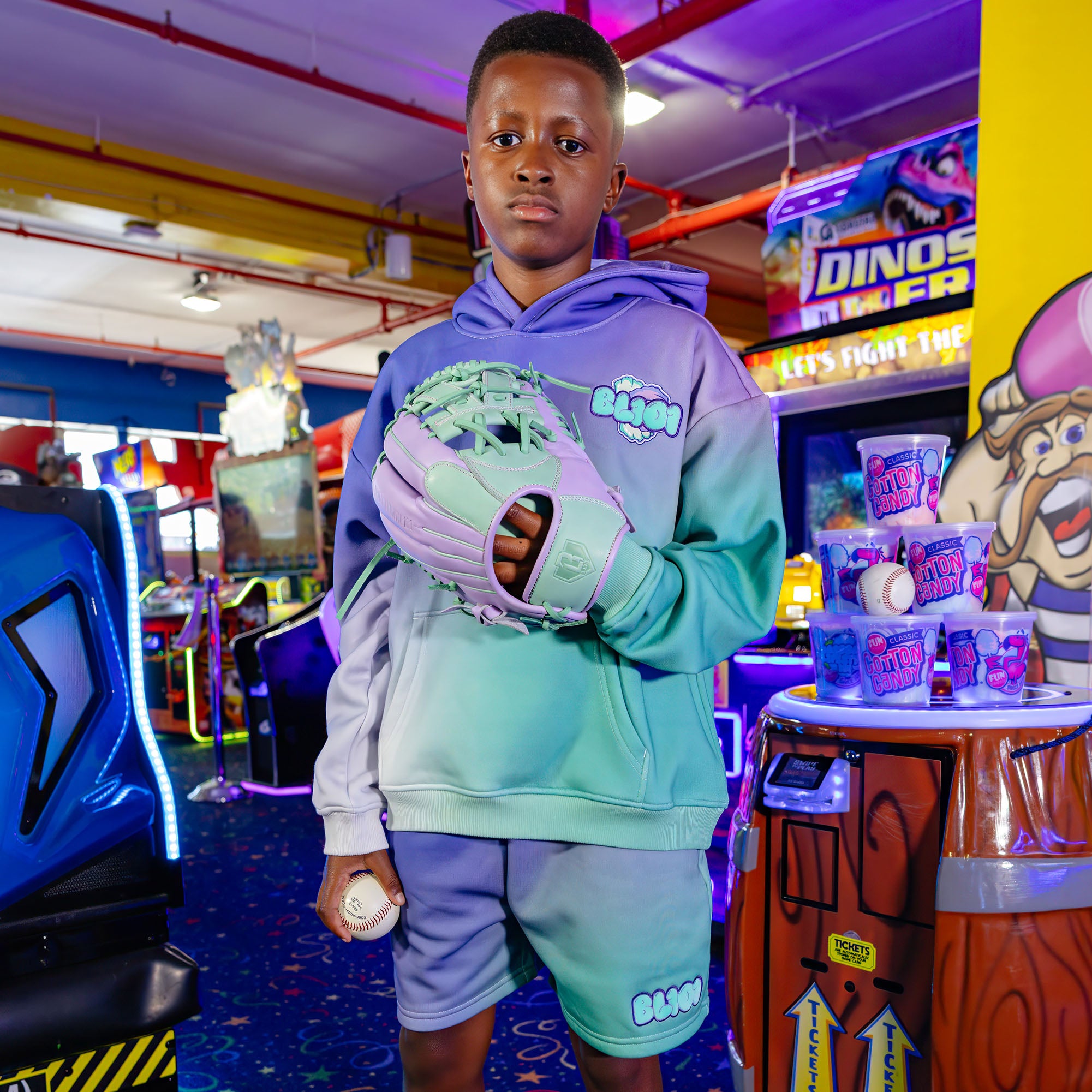 Youth model wearing Cotton Candy Galaxy Grape youth shorts
