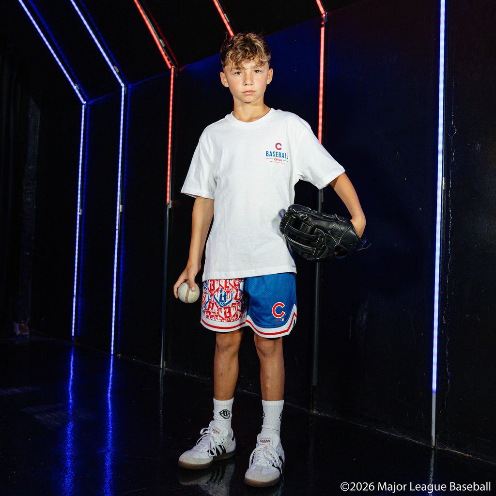 Youth model wearing white youth graphic tee with "Chicago Cubs Ice Cream" design