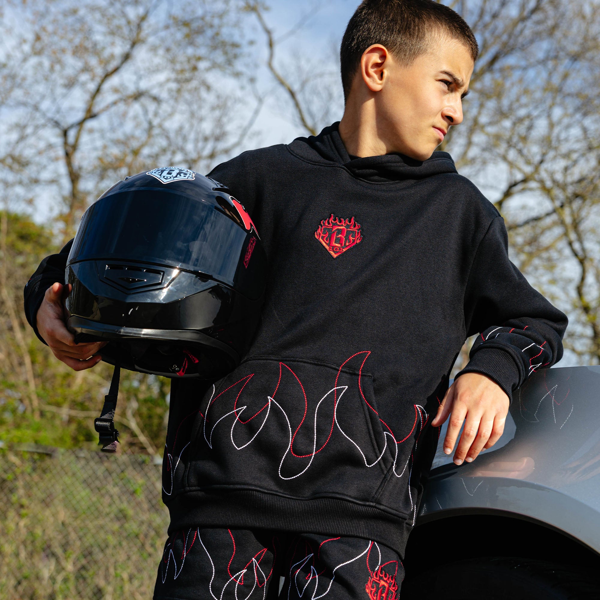 Flame Hoodie Black And Red Flame Sweater Flames Stitched Youth