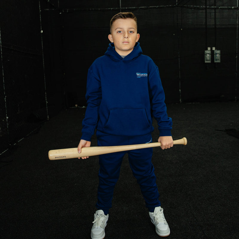 Child wearing a blue hoodie and pants holding a baseball bat against a dark background