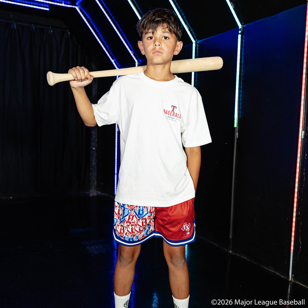 Youth model wearing white youth graphic tee with "Texas Rangers Ice Cream Cap" design