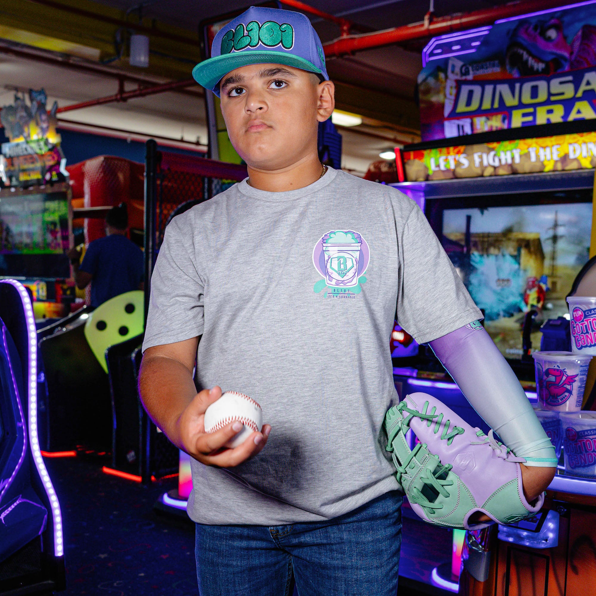 Youth model wearing Sweet Spot Galaxy Grape youth graphic tee