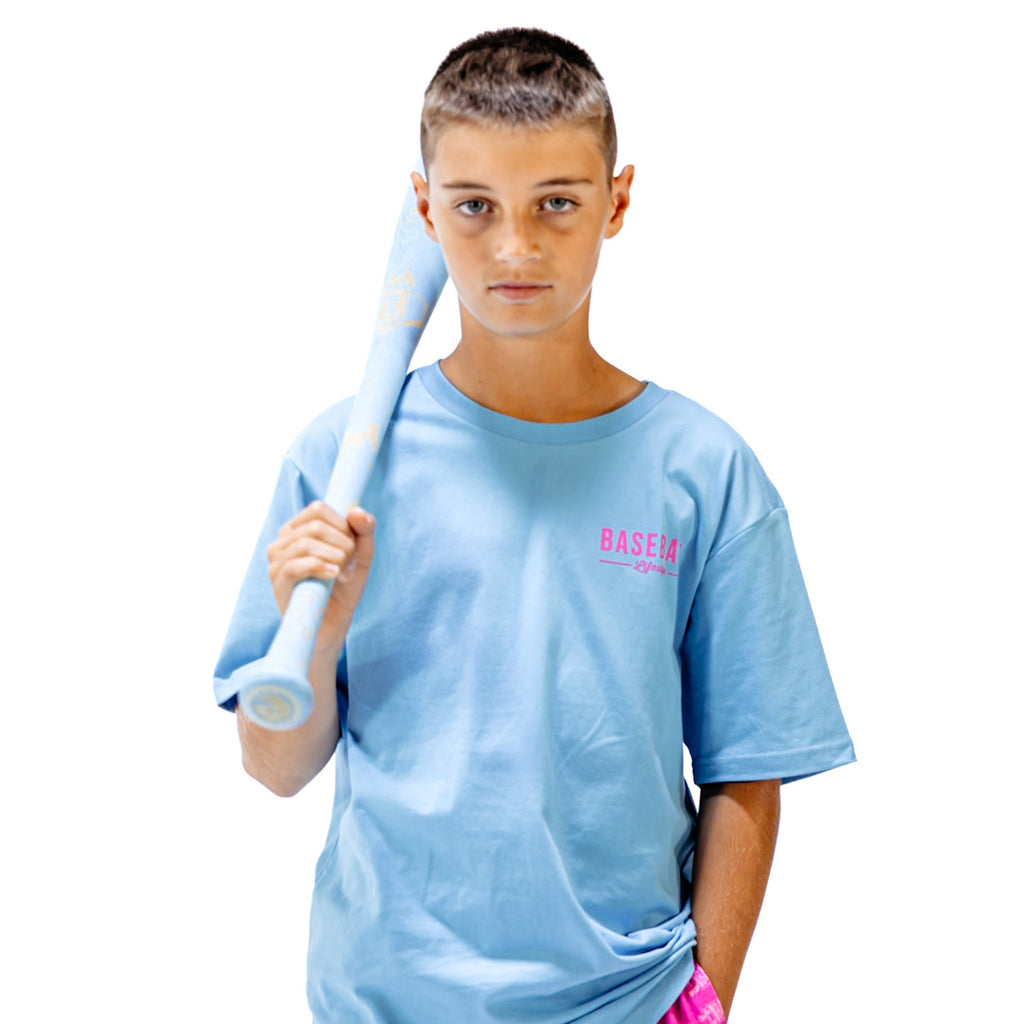 Person wearing a light blue t-shirt with 'Baseball' text, holding a blue baseball bat on a white background