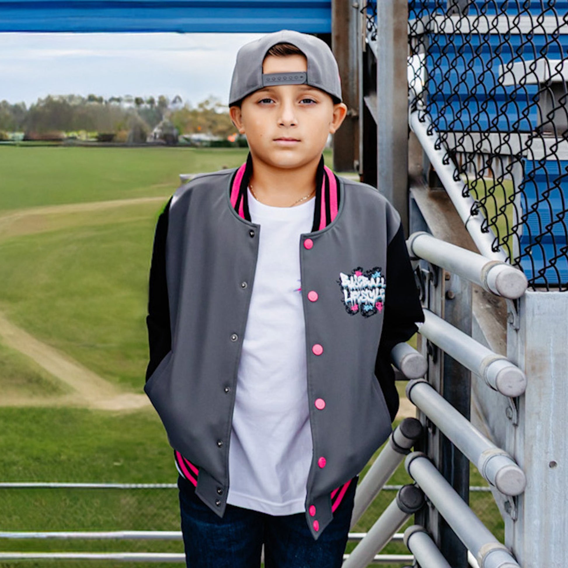 Young boy wearing a gray and black bomber jacket with pink accents, standing on bleachers at a sports field.