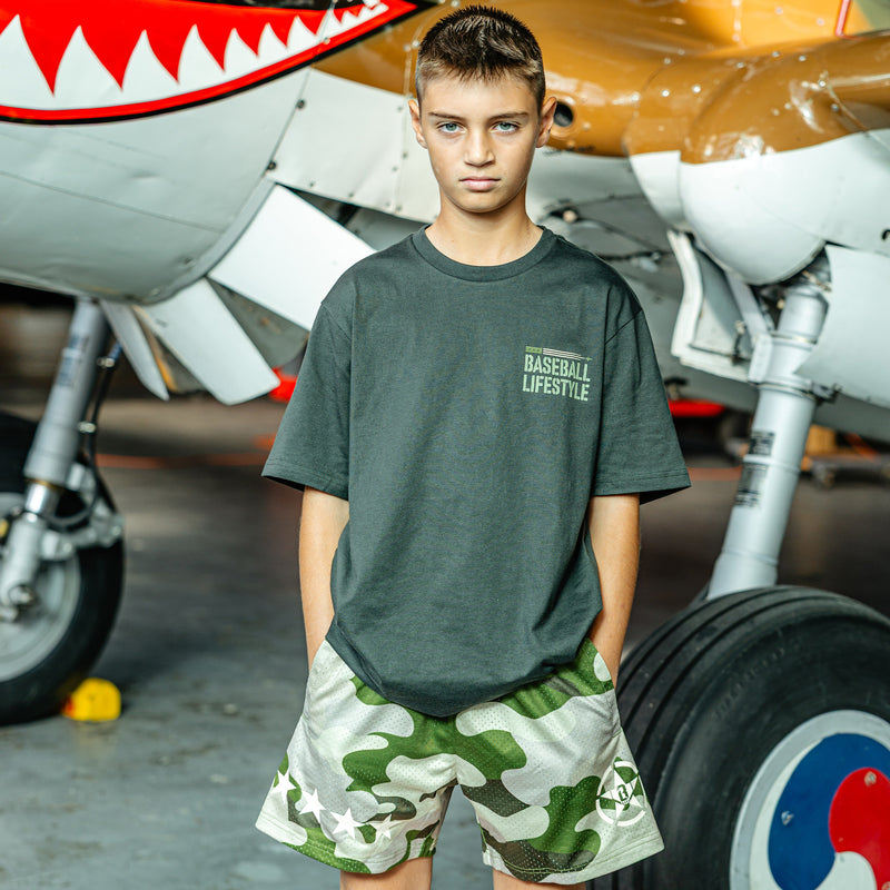 Camouflage green athletic shorts with a white BL101 star logo, a green waistband, four additional white stars, and side pockets.