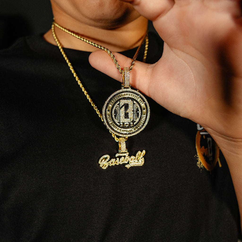 Youth model wearing  yellow Gold BL101 Medallion necklace