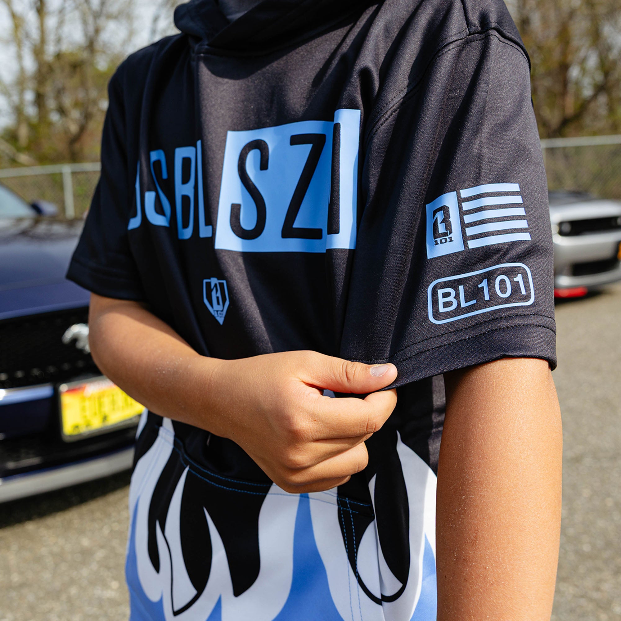 Assassyn jeanz パーカー b-boy BSBL-SZN V2 Short Sleeve Youth Hoodie - Flames Blue - Baseball