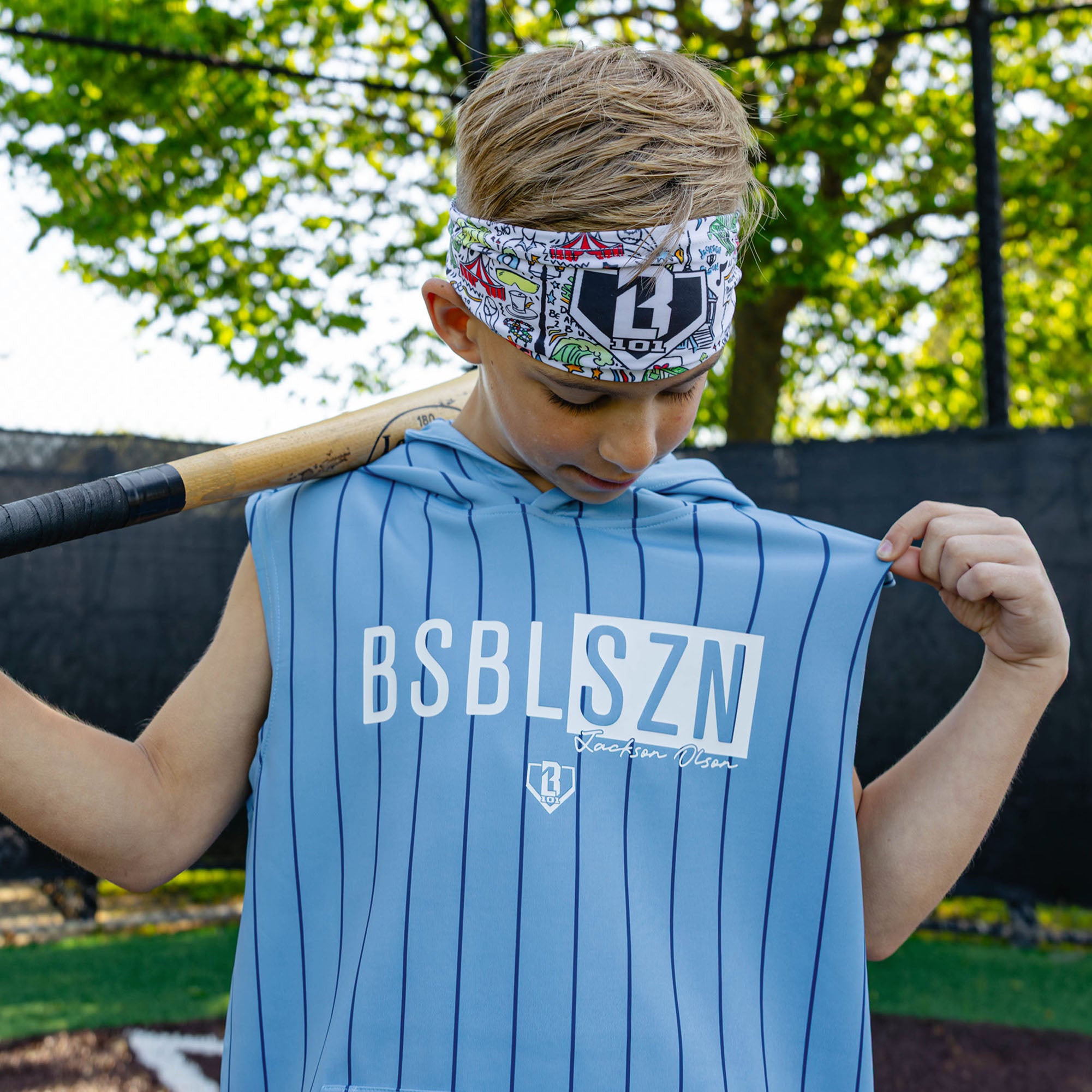 BSBL-SZN Sleeveless Youth Hoodie V3 - Blue Pinstripes - Baseball