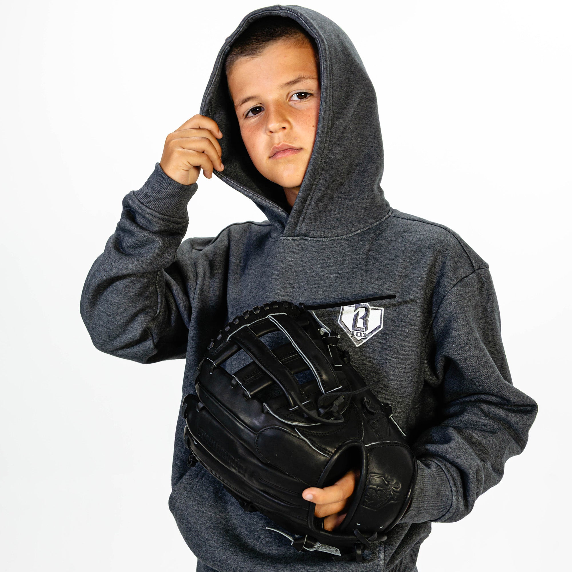 Youth model wearing Gray Baseline hoodie