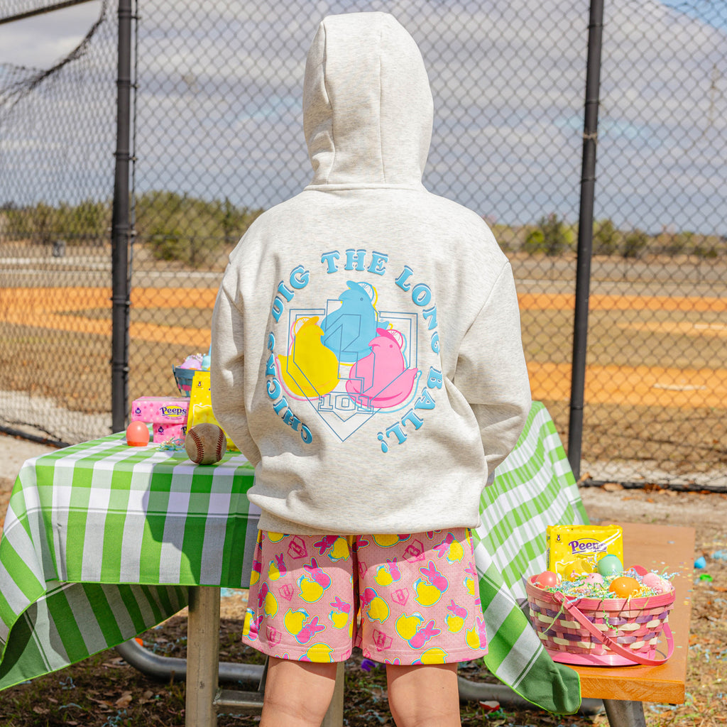 Person wearing a hoodie with a colorful peeps graphic design and 'Chicks dig the long ball!" text on the back in an outdoor setting.