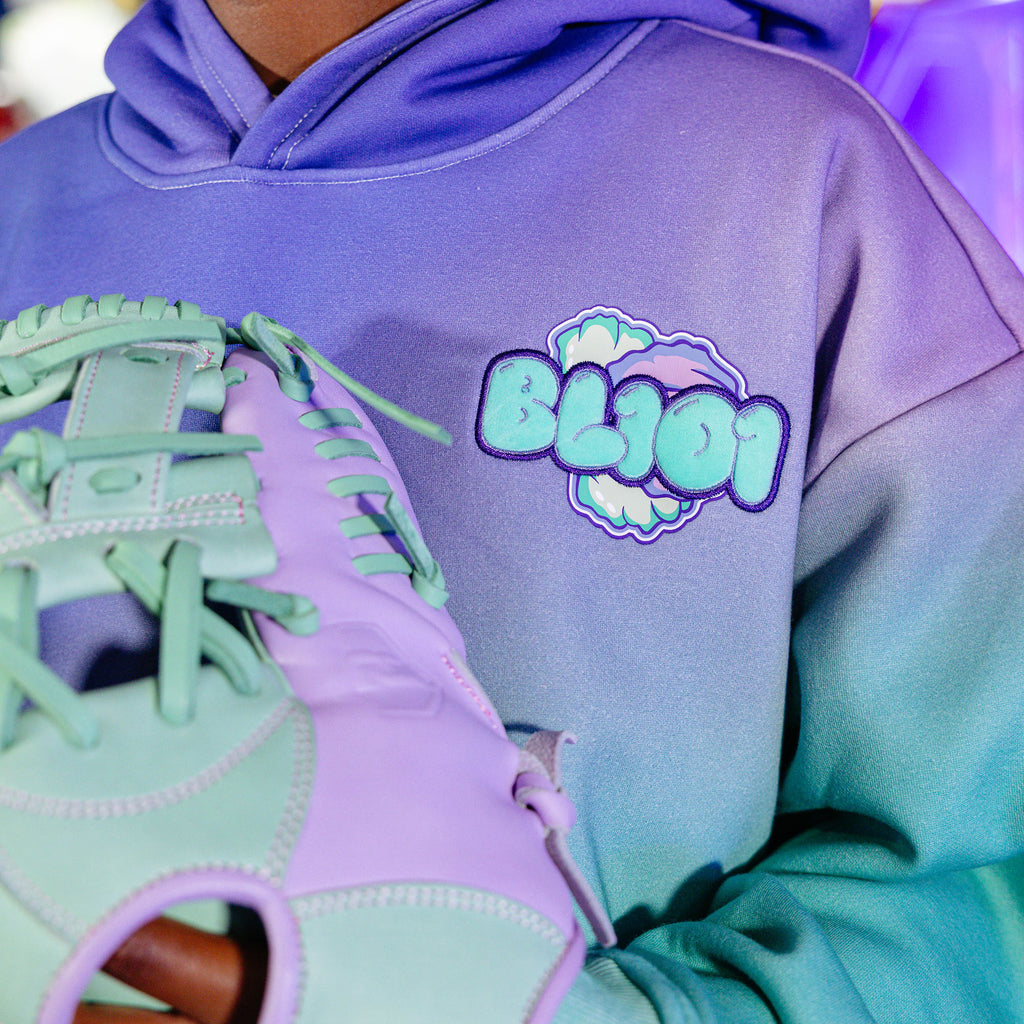 Youth model wearing Cotton Candy Galaxy Grape youth hoodie