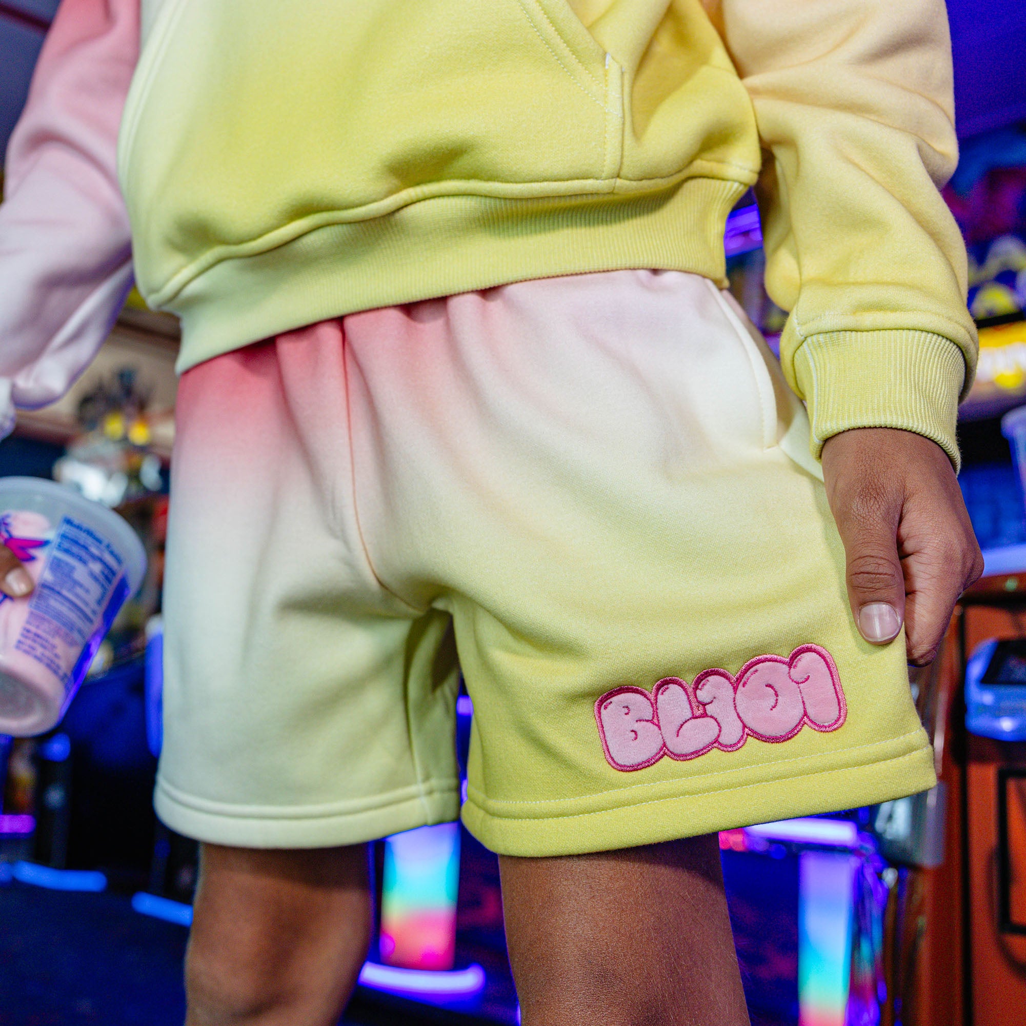 Youth model wearing Cotton Candy Pink Lemonade youth shorts