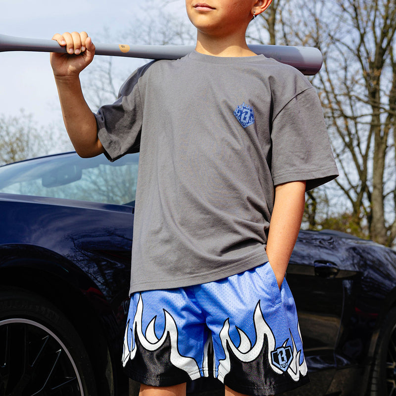 Young boy holding gray bat over shoulder, wearing gray Flame Thrower tee and blue flame mesh shorts with BL101 diamond logo, beside dark car.