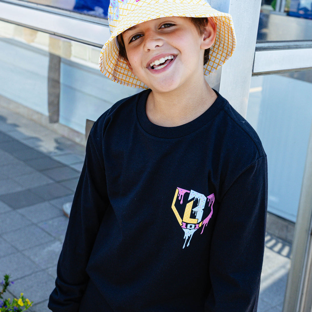 Youth model wearing ice Cream Long Sleeve Cotton Candy youth graphic tee
