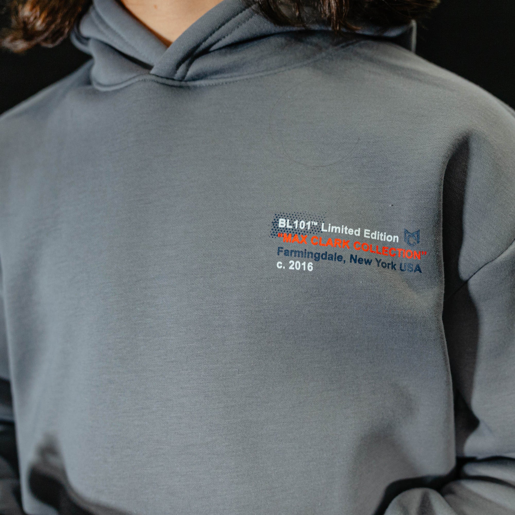Gray hoodie with a brand logo on the chest