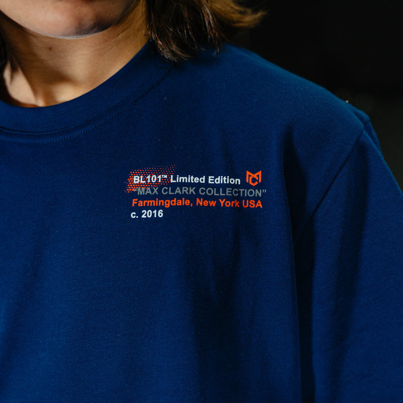 Navy blue t-shirt with red and white text and logo on a dark background