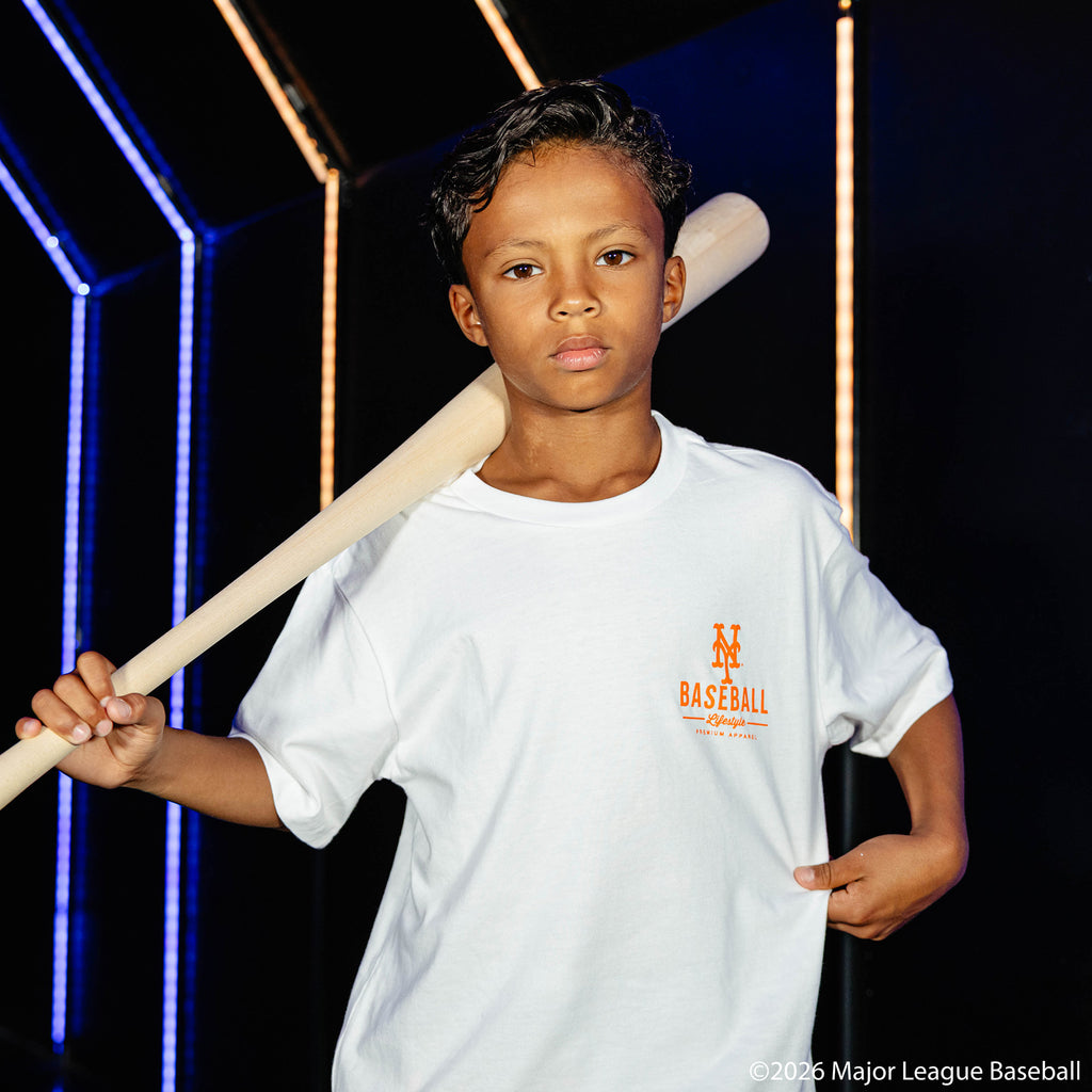 Youth model wearing white youth graphic tee with "New York Mets Ice Cream Cap" design