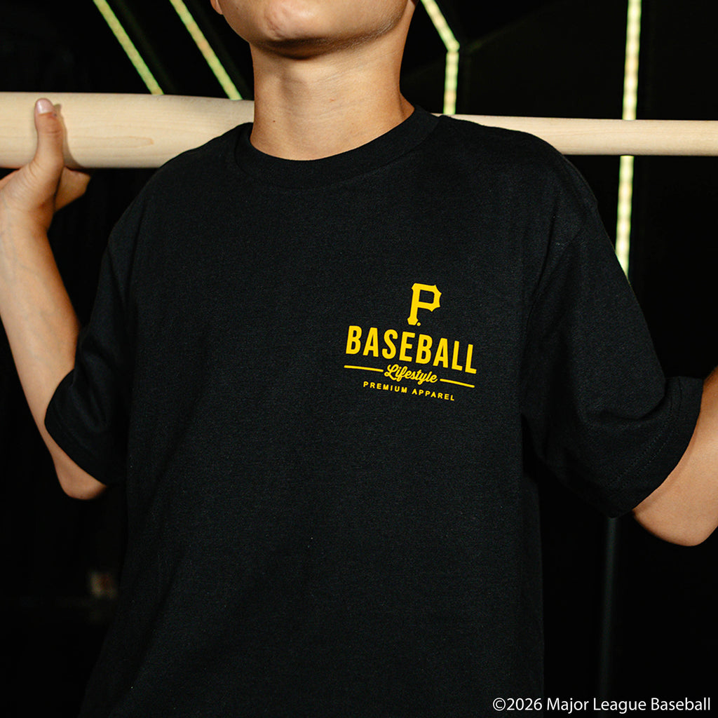 Youth model wearing black youth graphic tee with "Pittsburgh Pirates Ice Cream Cap" design