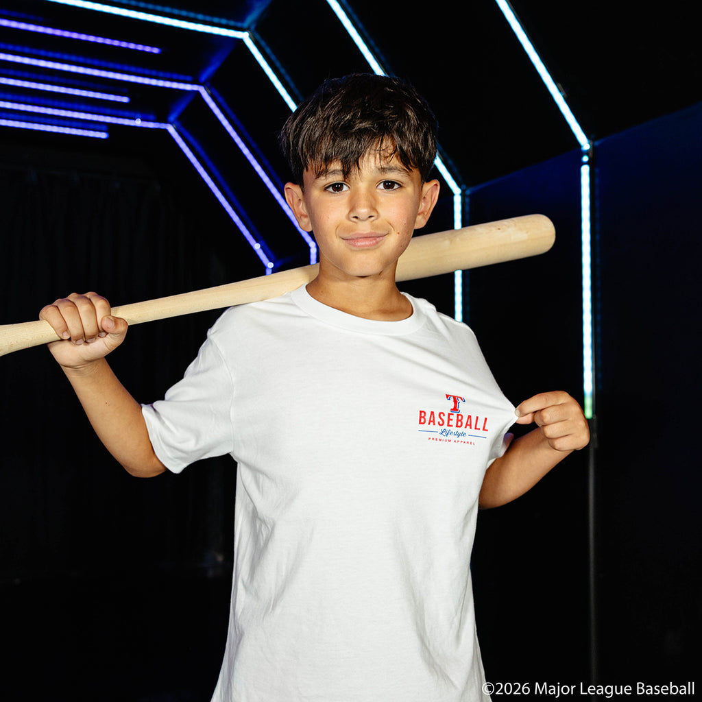 Youth model wearing white youth graphic tee with "Texas Rangers Ice Cream Cap" design