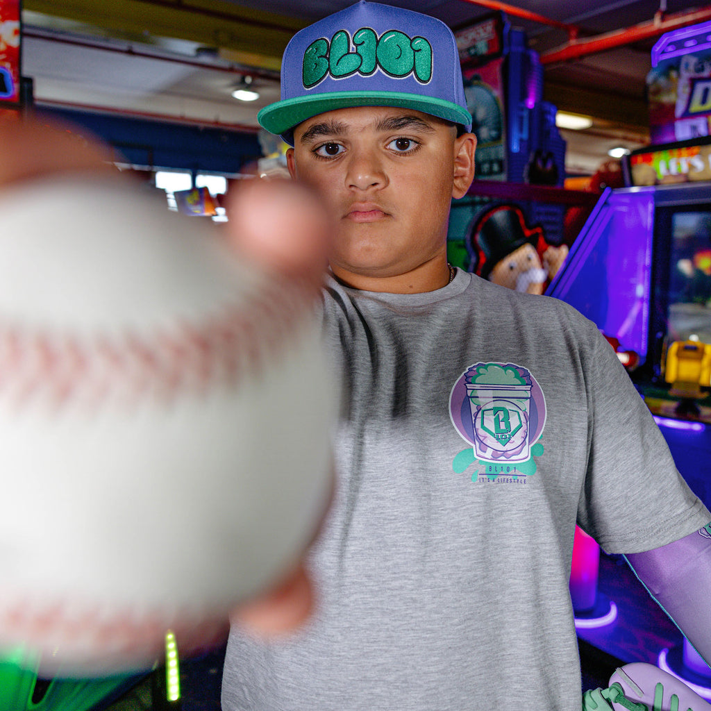 Youth model wearing Sweet Spot Galaxy Grape youth graphic tee