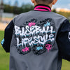 Gray and black jacket with white 'Baseball Lifestyle' text and star designs on a blurred outdoor background