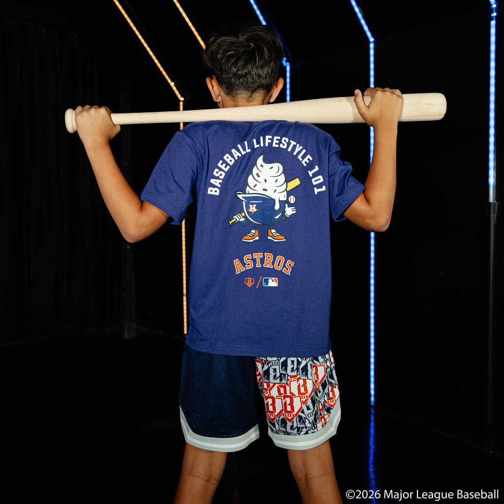 Youth model wearing navy youth graphic tee with "Houston Astros Ice Cream" design