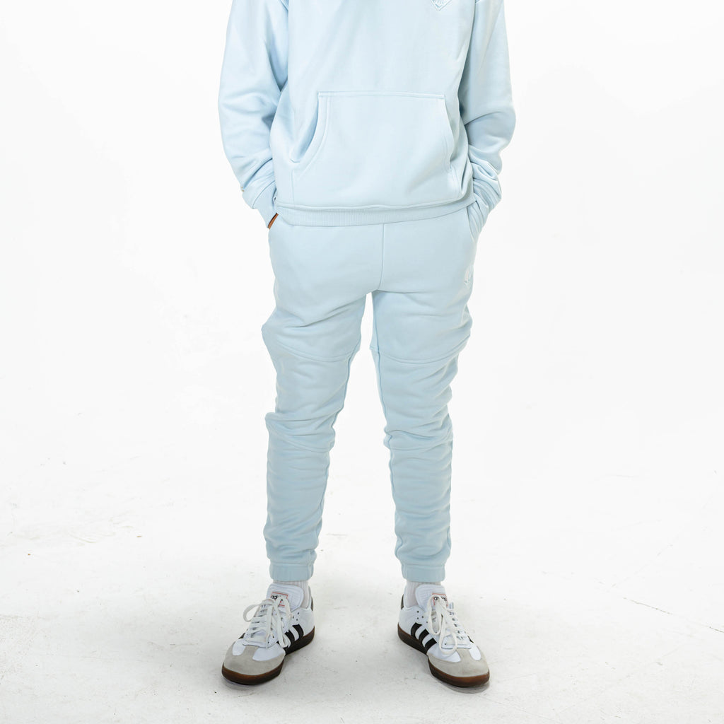 Youth model wearing Blue Baseline joggers