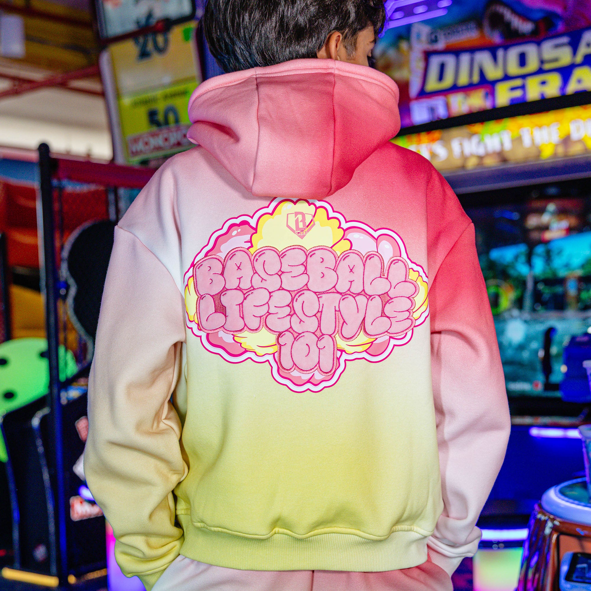Youth model wearing Cotton Candy Pink Lemonade youth hoodie