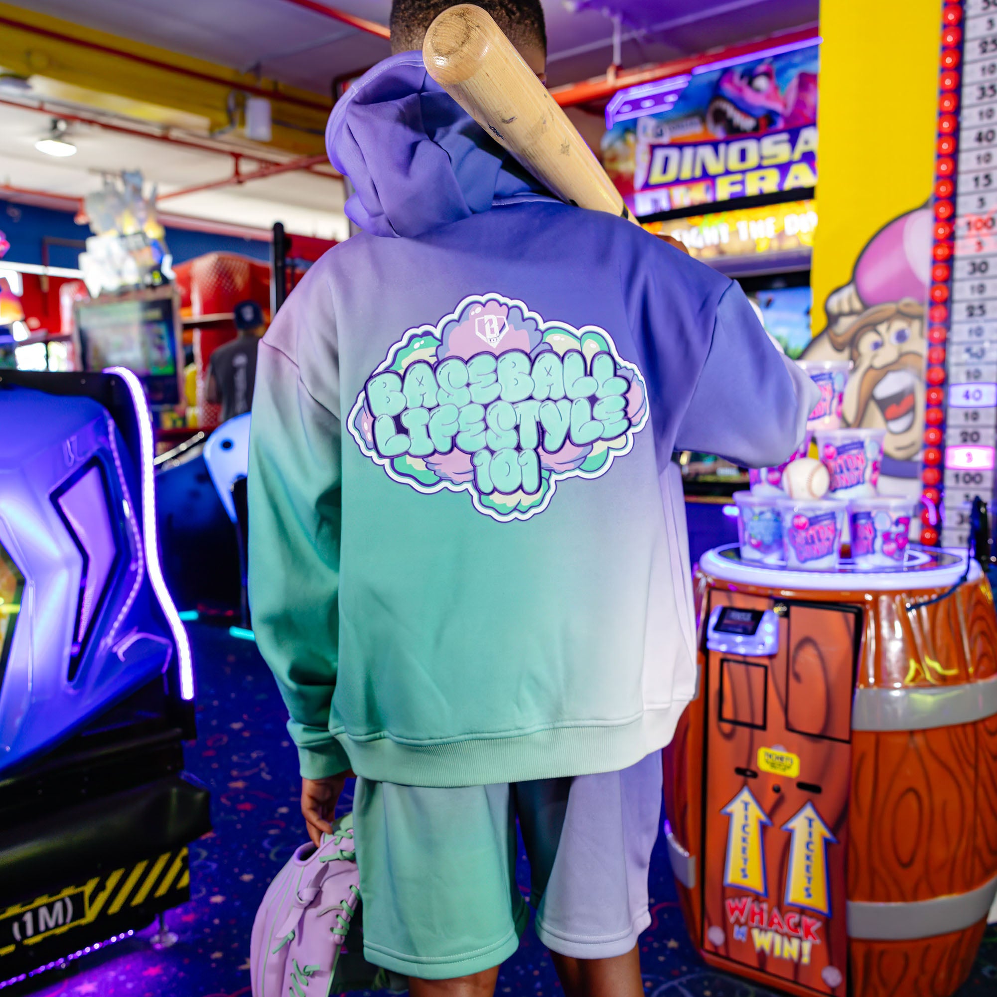 Youth model wearing Cotton Candy Galaxy Grape youth shorts