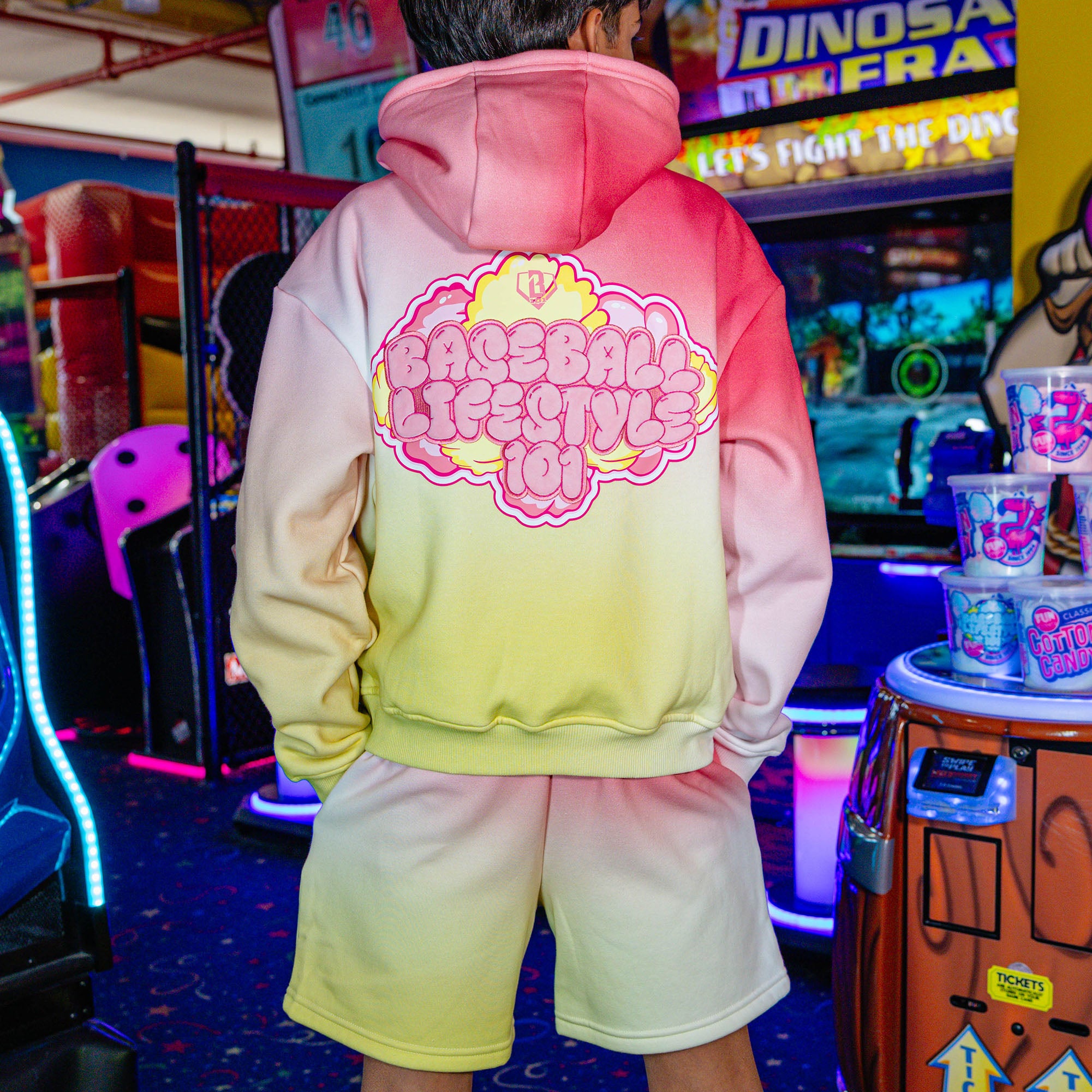 Youth model wearing Cotton Candy Pink Lemonade youth shorts