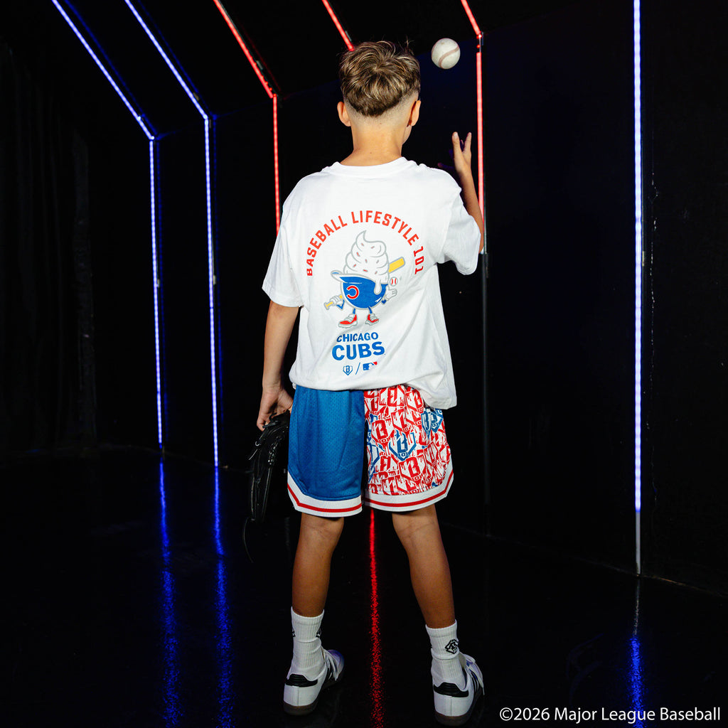 Youth model wearing white youth graphic tee with "Chicago Cubs Ice Cream" design