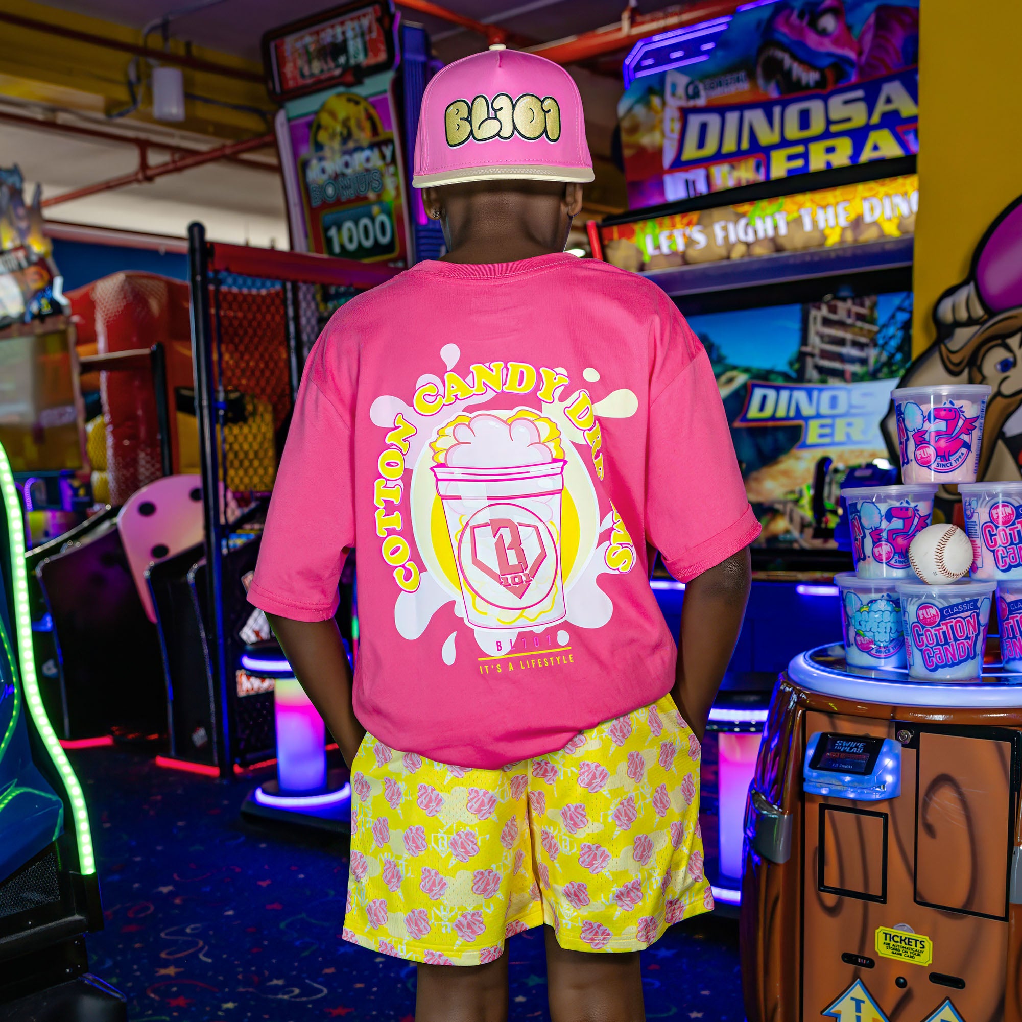 Youth model wearing Home Run Sugar Pink Lemonade youth shorts