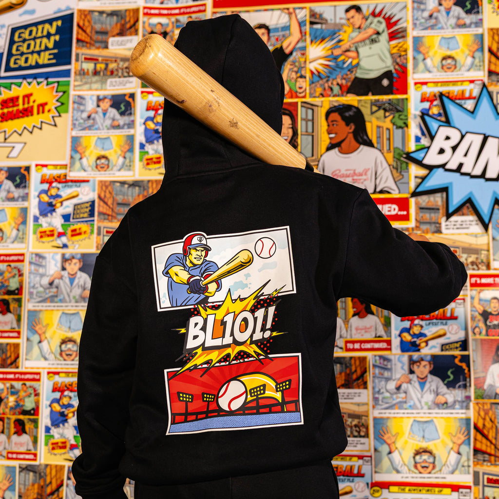 Youth model wearing black youth hoodie with "Power Hitter" design
