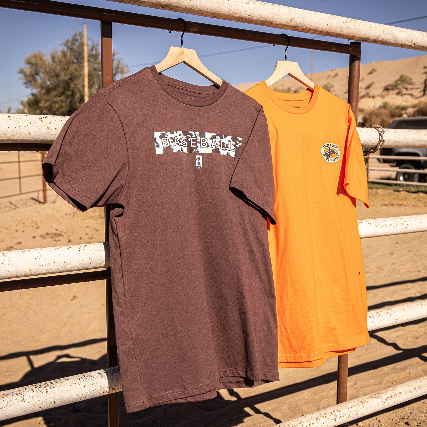 Two t-shirts, one brown with cow print and one orange,  hanging on a metal railing with a desert landscape in the background.