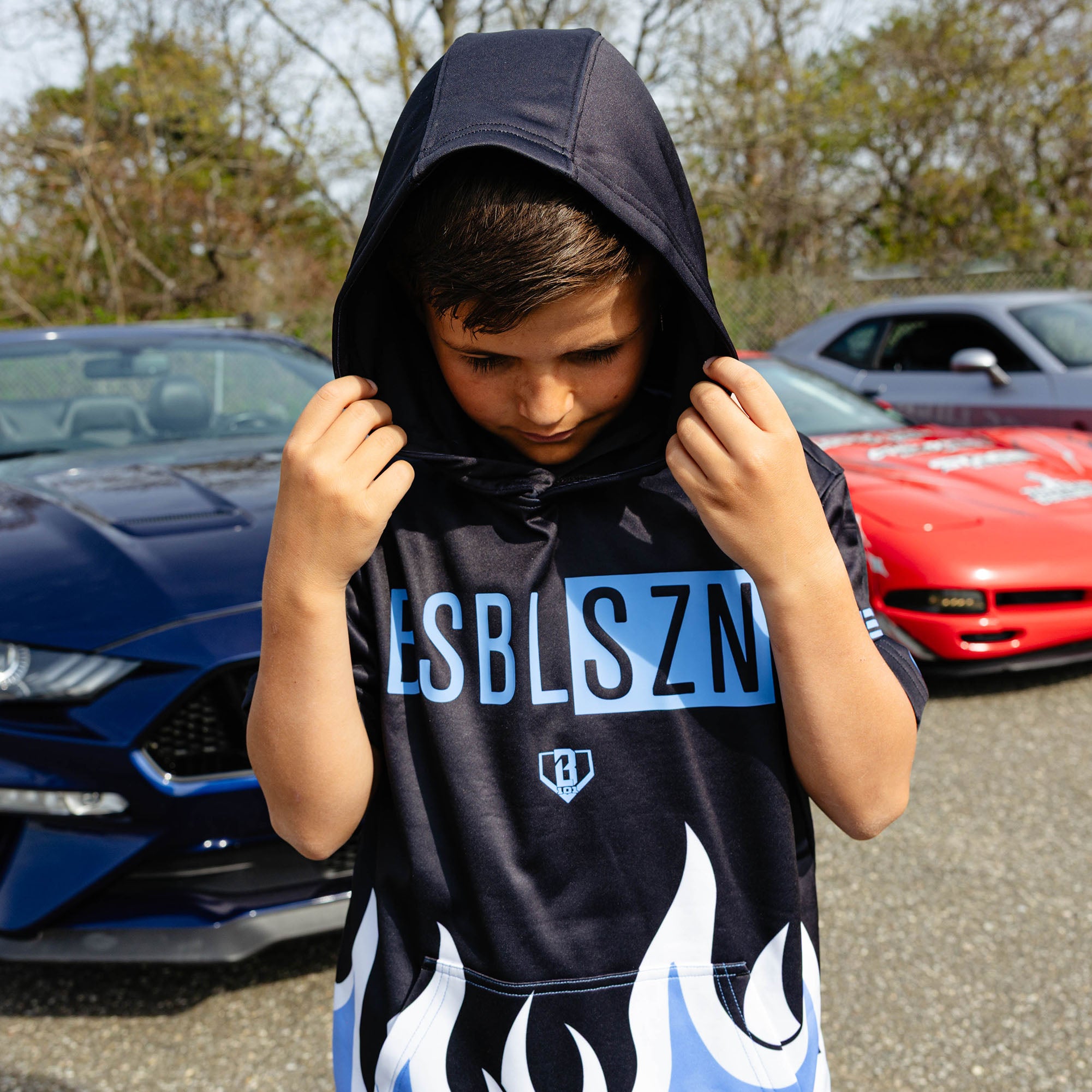 BSBL-SZN V2 Short Sleeve Youth Hoodie - Flames Blue - Baseball