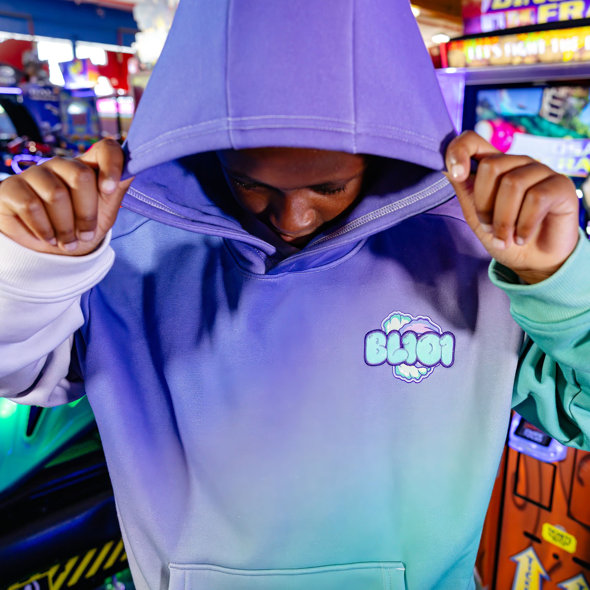 Youth model wearing Cotton Candy Galaxy Grape youth hoodie