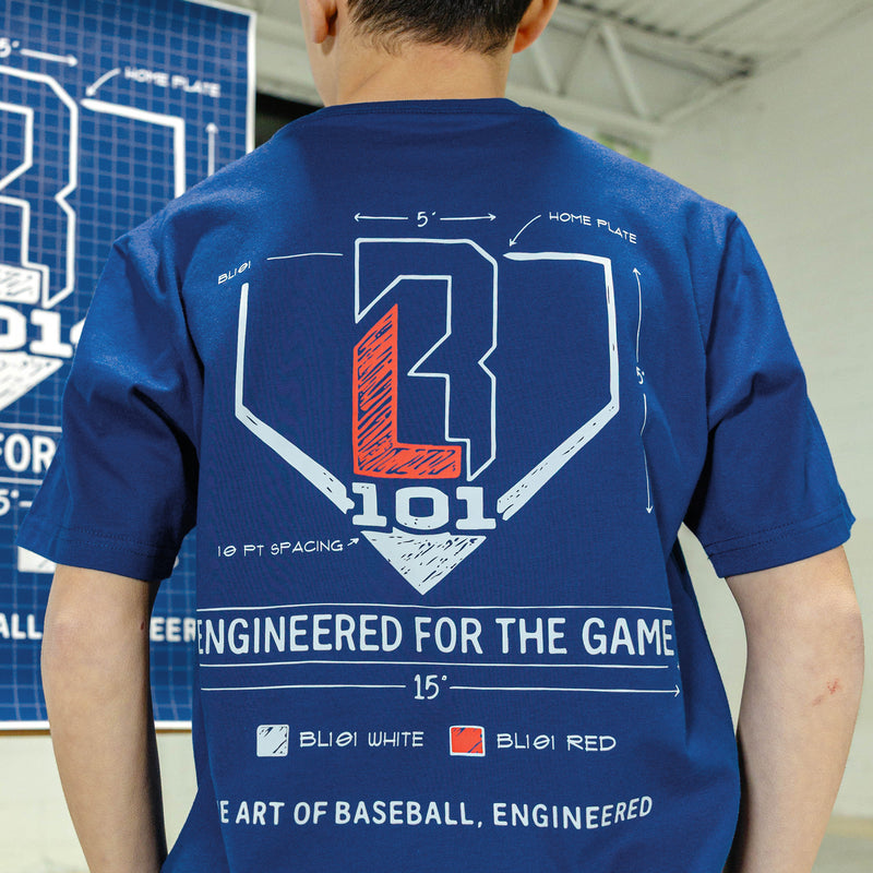 Person wearing a blue t-shirt with a BL101 logo and "Engineered for the game" text