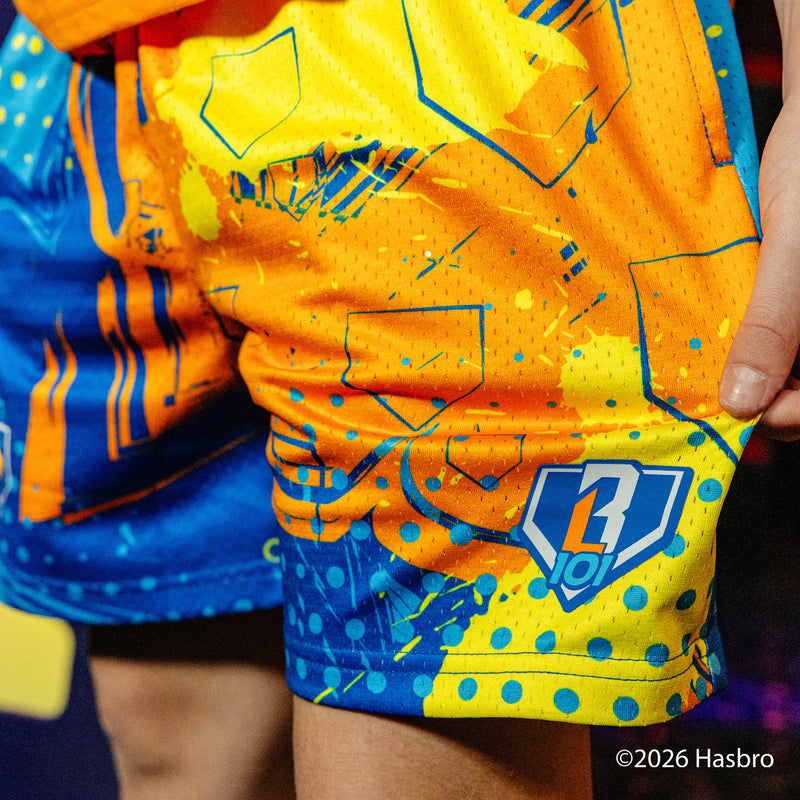 Colorful shorts with a BL101 logo, featuring blue and yellow design.