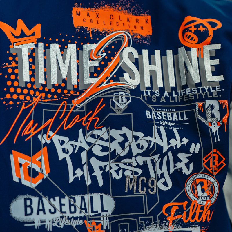 Baseball-themed t-shirt with various graphics and text on a blue background