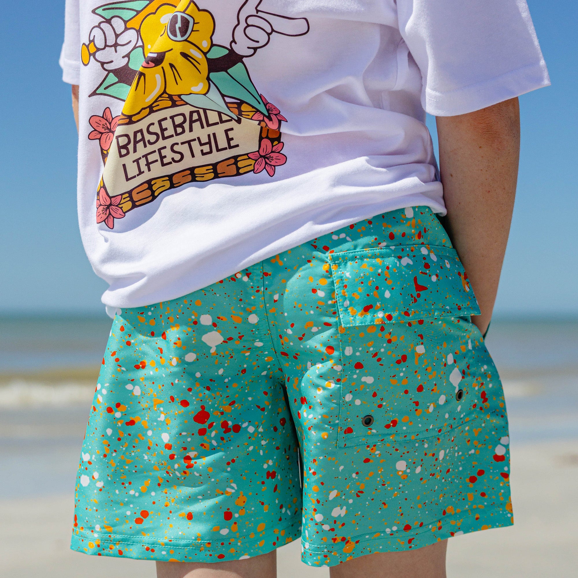 Splatter Youth Swim Trunks - Teal - Baseball Lifestyle 101