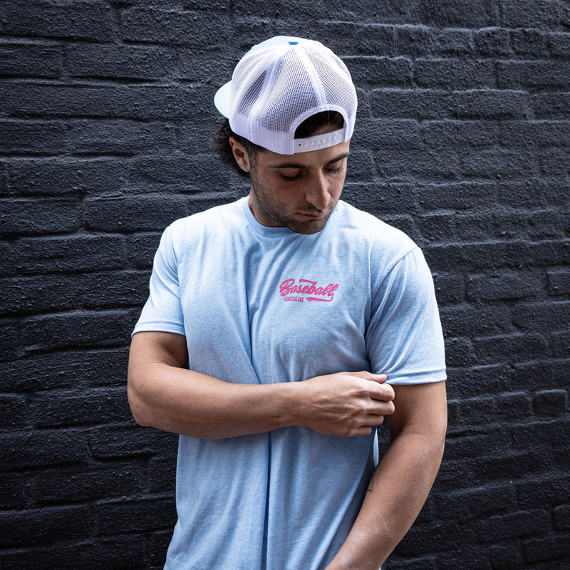 blue baseball tshirt, cotton candy t shirt