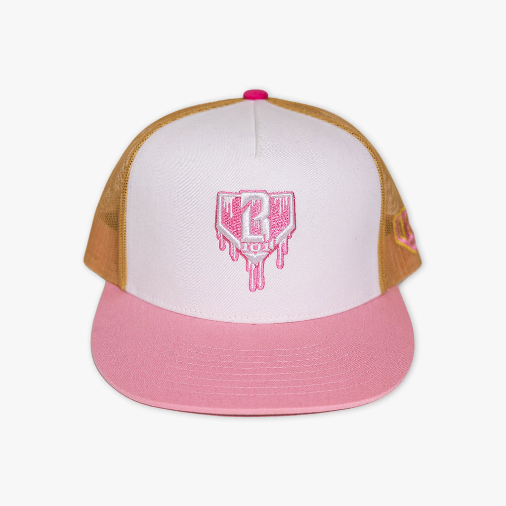 Adult model wearing white and pink Drip Mesh Off Field Snapback snapback