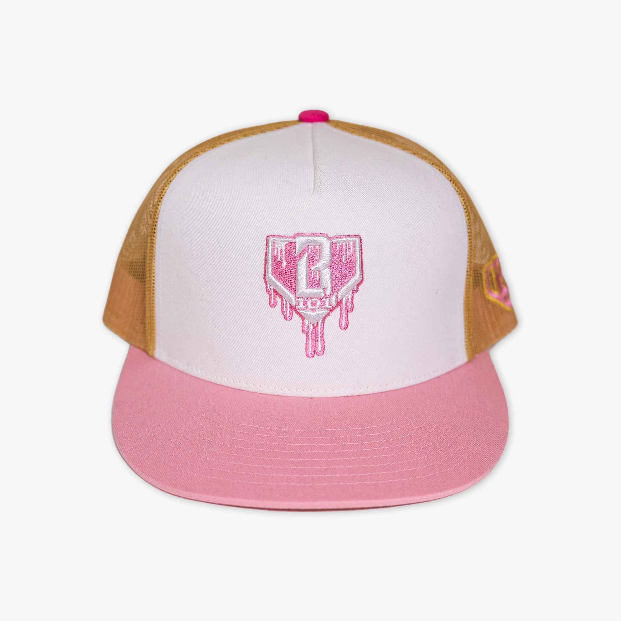 Adult model wearing white and pink Drip Mesh Off Field Snapback snapback