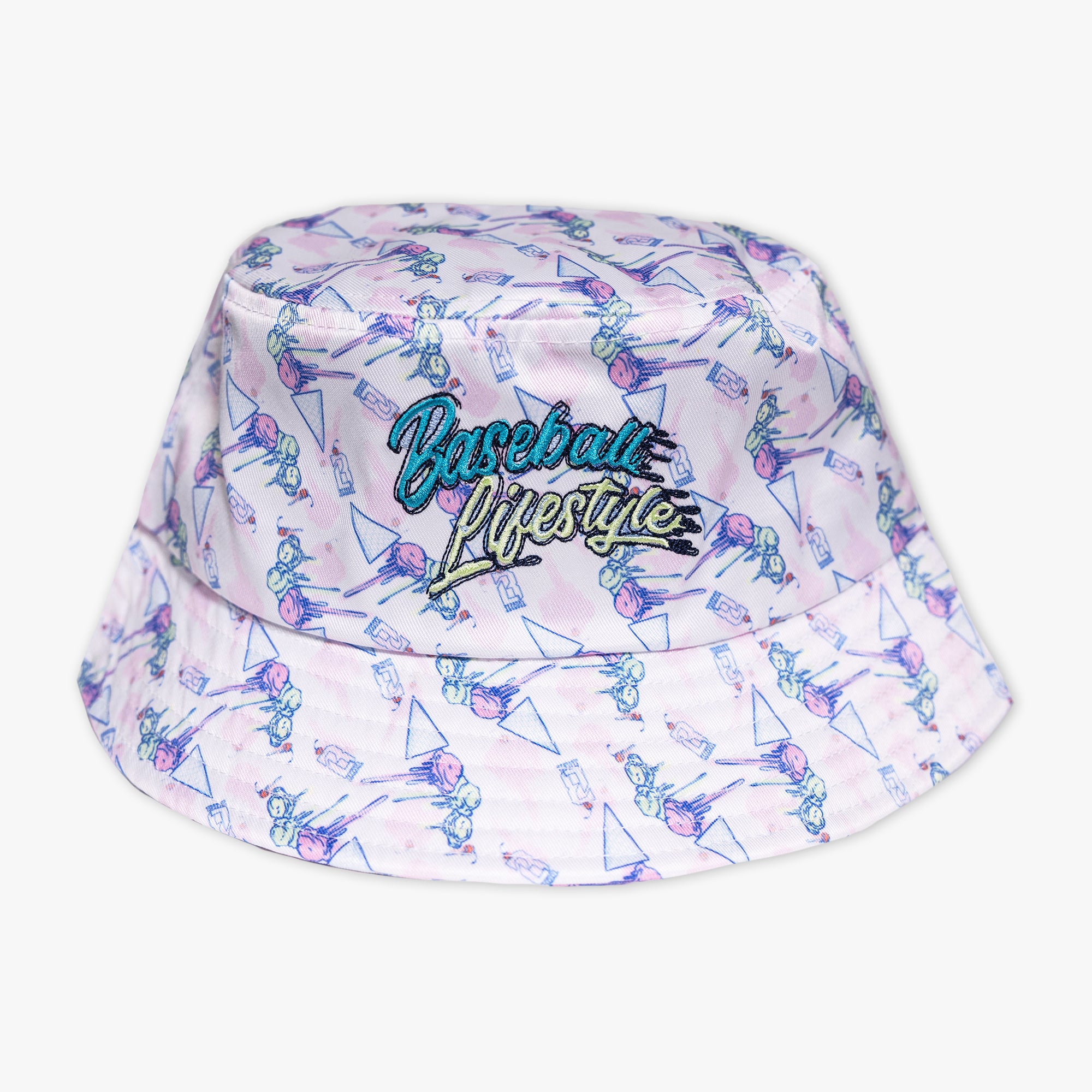Adult model wearing hat with "Fastball Scoops Bucket" design