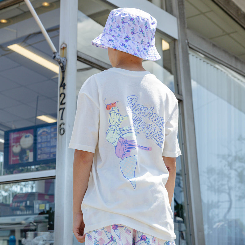 Adult model wearing hat with "Fastball Scoops Bucket" design
