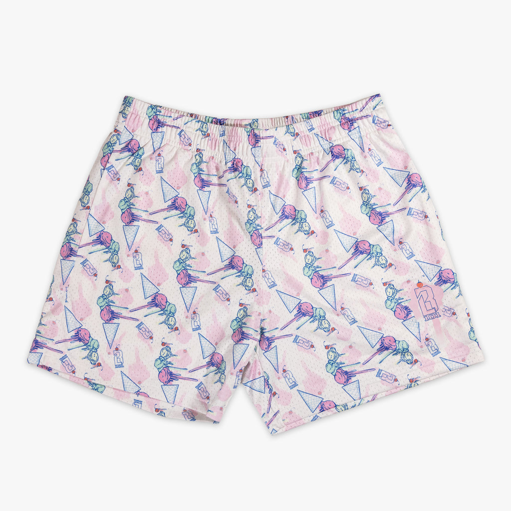 Adult model wearing shorts with "Fastball Scoops" design
