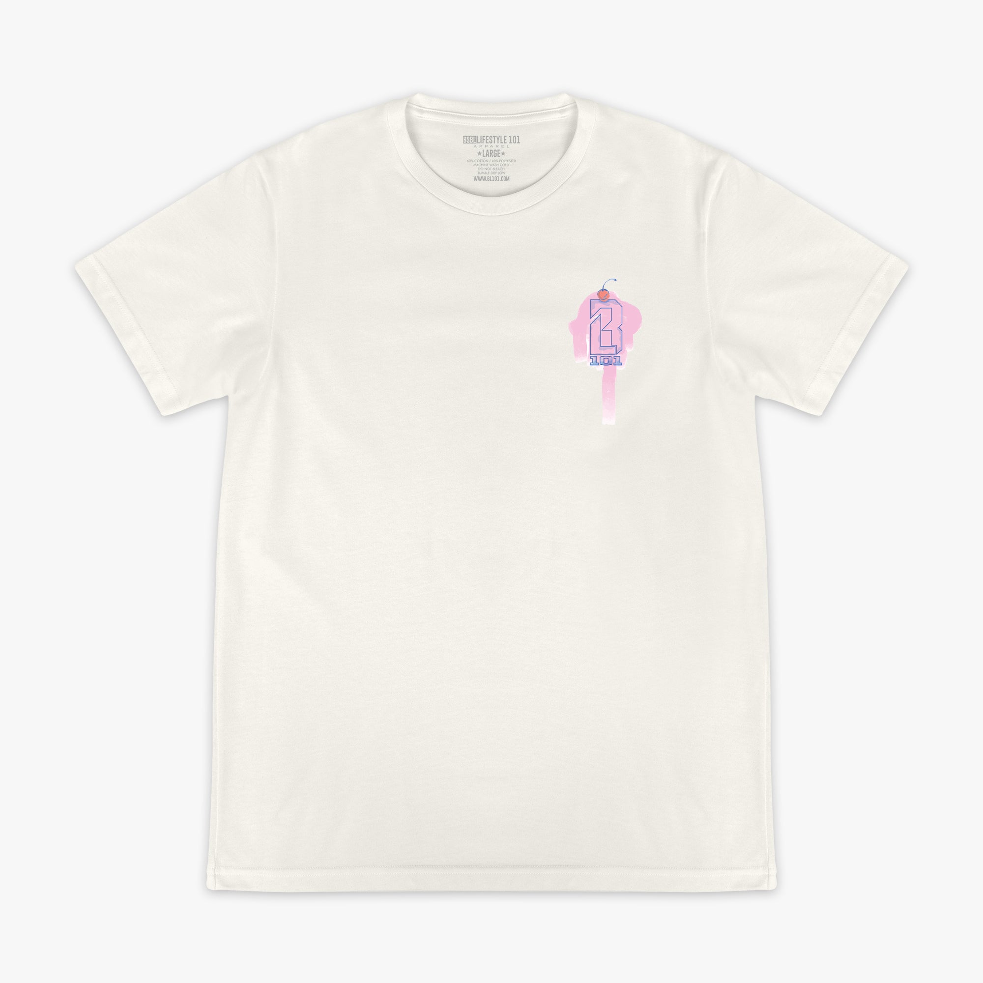 Adult model wearing cream Fastball Scoops graphic tee