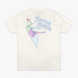 Adult model wearing cream Fastball Scoops graphic tee