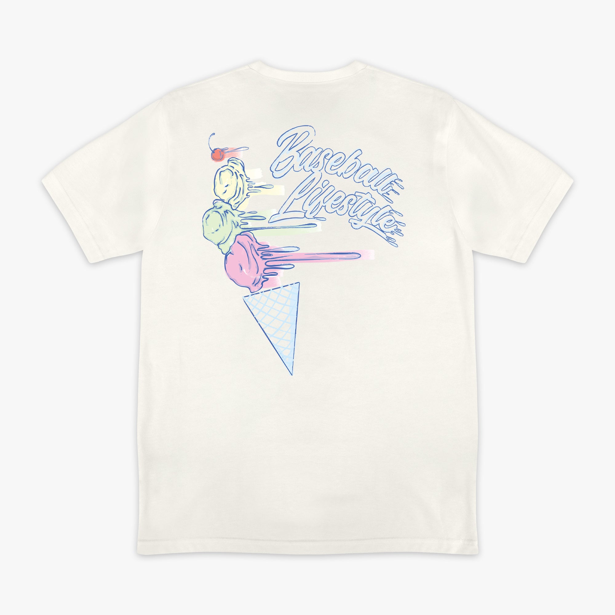 Adult model wearing cream Fastball Scoops graphic tee