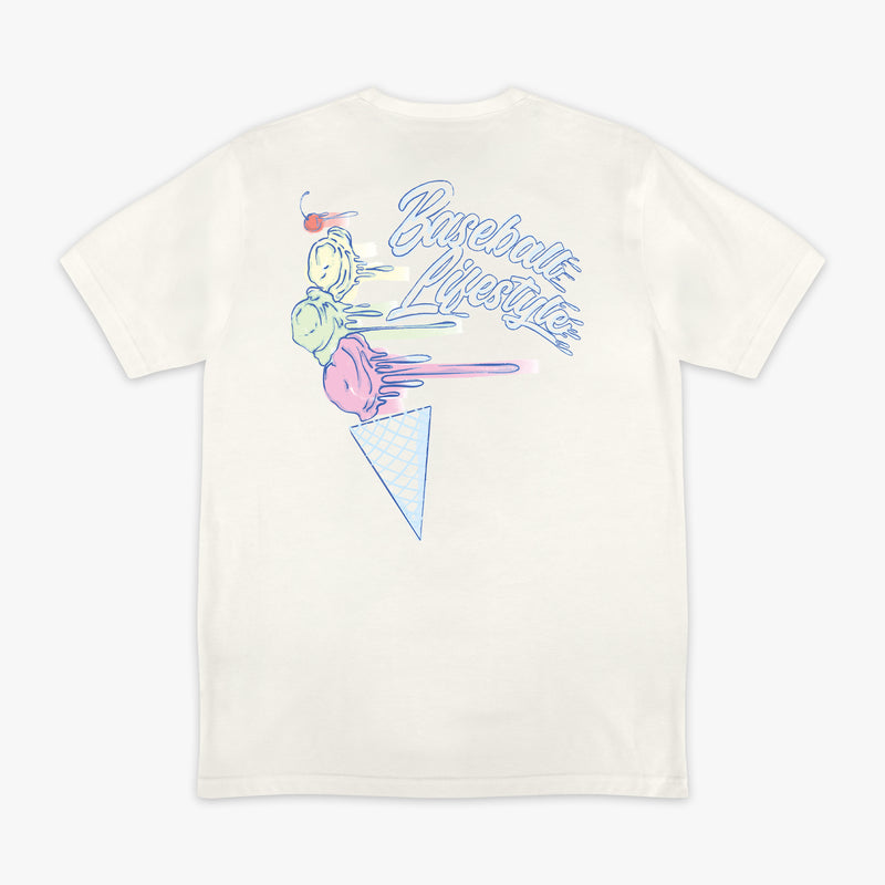 Adult model wearing cream Fastball Scoops graphic tee
